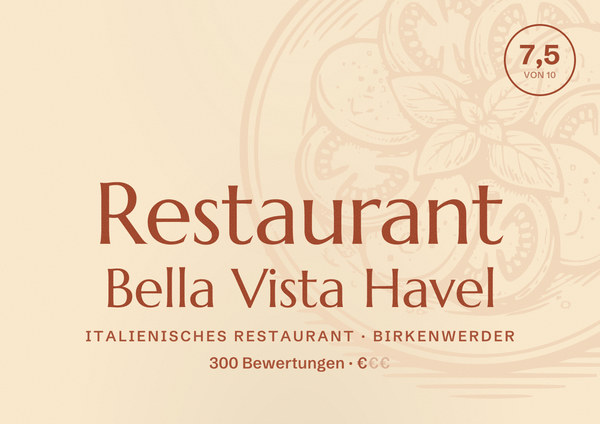 Illustriertes Poster von Restaurant Bella Vista Havel, Italienisches Restaurant in Birkenwerder: Bewertung 7,5 von 10 aus 300 Bewertungen, Preisniveau €