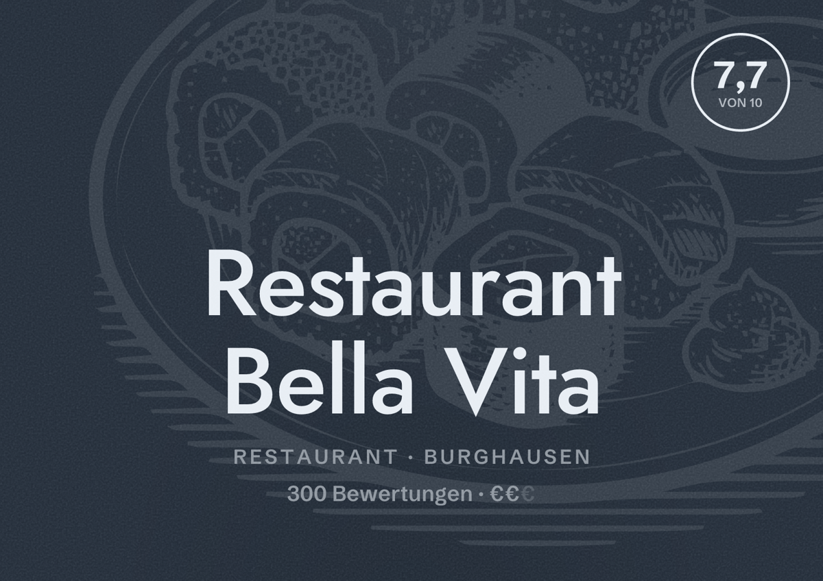 Illustriertes Poster von Restaurant Bella Vita, Restaurant in Burghausen: Bewertung 7,7 von 10 aus 300 Bewertungen, Preisniveau €€