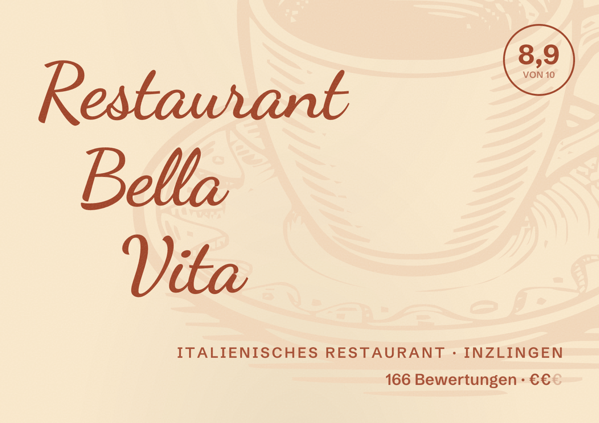 Illustriertes Poster von Restaurant Bella Vita, Italienisches Restaurant in Inzlingen: Bewertung 8,9 von 10 aus 166 Bewertungen, Preisniveau €€