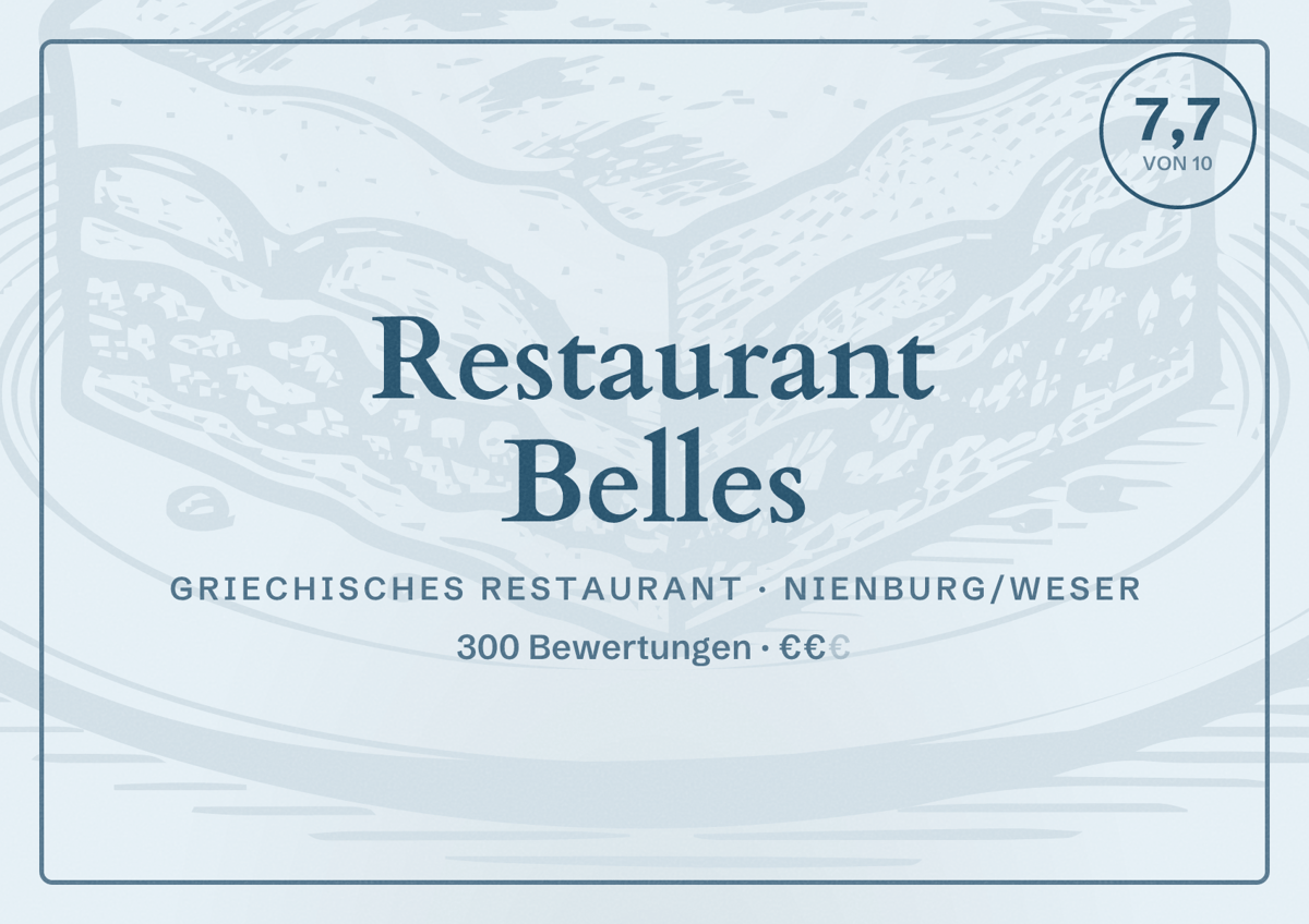 Illustriertes Poster von Restaurant Belles, Griechisches Restaurant in Nienburg/Weser: Bewertung 7,7 von 10 aus 300 Bewertungen, Preisniveau €€