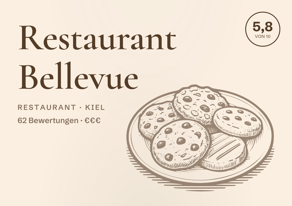Illustriertes Poster von Restaurant Bellevue, Restaurant in Kiel: Bewertung 5,8 von 10 aus 62 Bewertungen, Preisniveau €€€