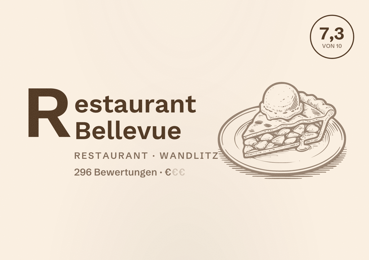 Illustriertes Poster von Restaurant Bellevue, Restaurant in Wandlitz: Bewertung 7,3 von 10 aus 296 Bewertungen, Preisniveau €