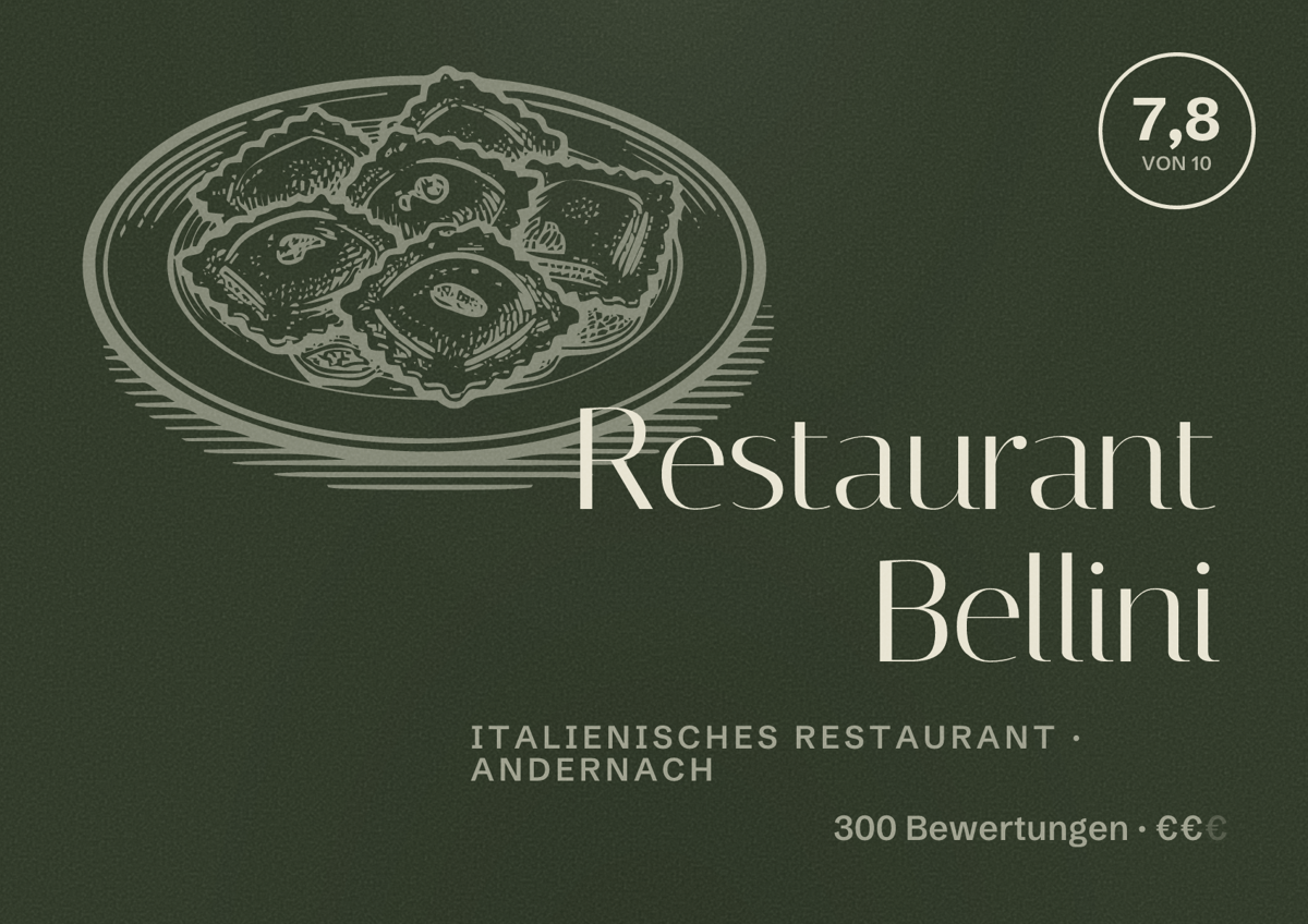 Illustriertes Poster von Restaurant Bellini, Italienisches Restaurant in Andernach: Bewertung 7,8 von 10 aus 300 Bewertungen, Preisniveau €€