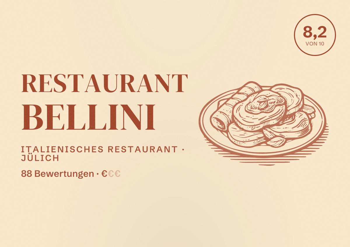 Illustriertes Poster von Restaurant Bellini, Italienisches Restaurant in Jülich: Bewertung 8,2 von 10 aus 88 Bewertungen, Preisniveau €