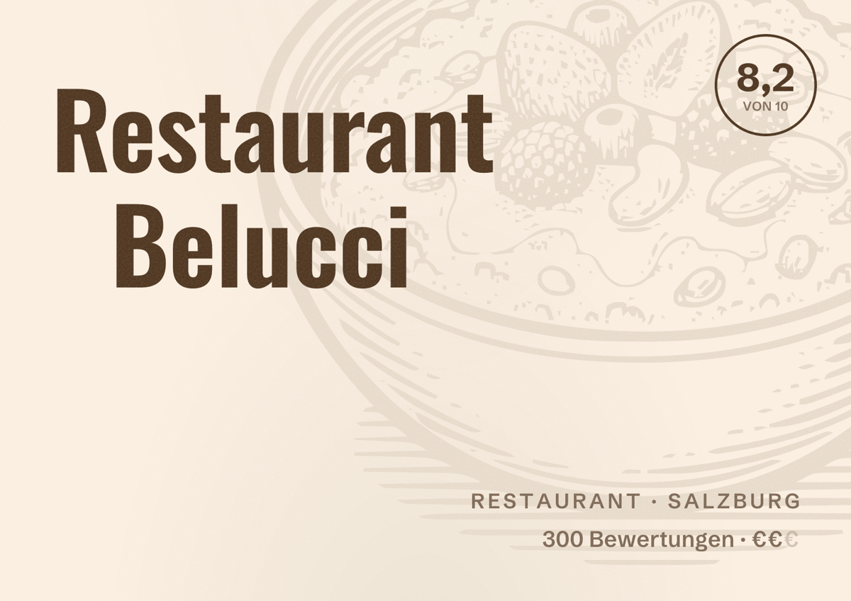 Illustriertes Poster von Restaurant Belucci, Restaurant in Salzburg: Bewertung 8,2 von 10 aus 300 Bewertungen, Preisniveau €€