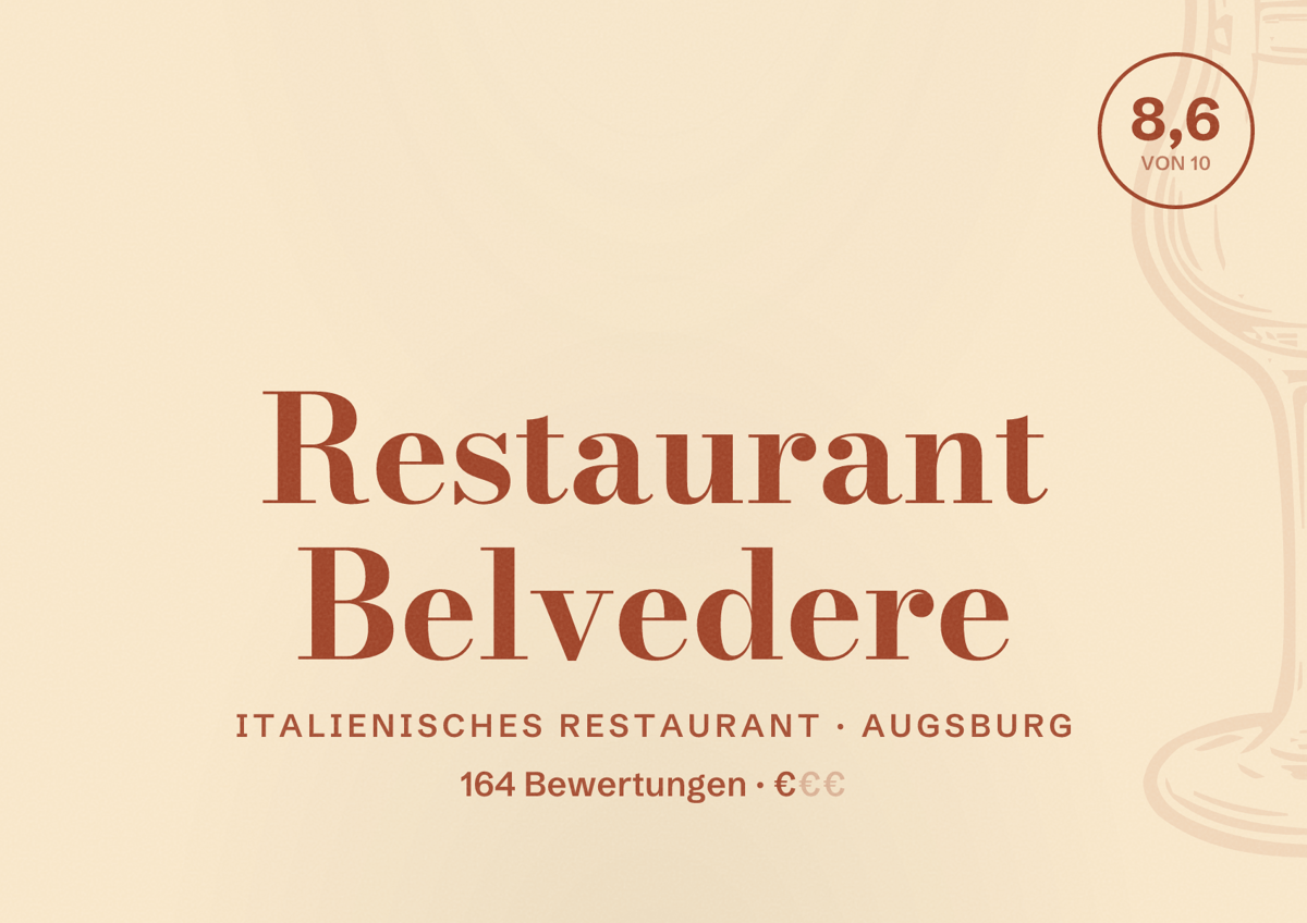 Illustriertes Poster von Restaurant Belvedere, Italienisches Restaurant in Augsburg: Bewertung 8,6 von 10 aus 164 Bewertungen, Preisniveau €