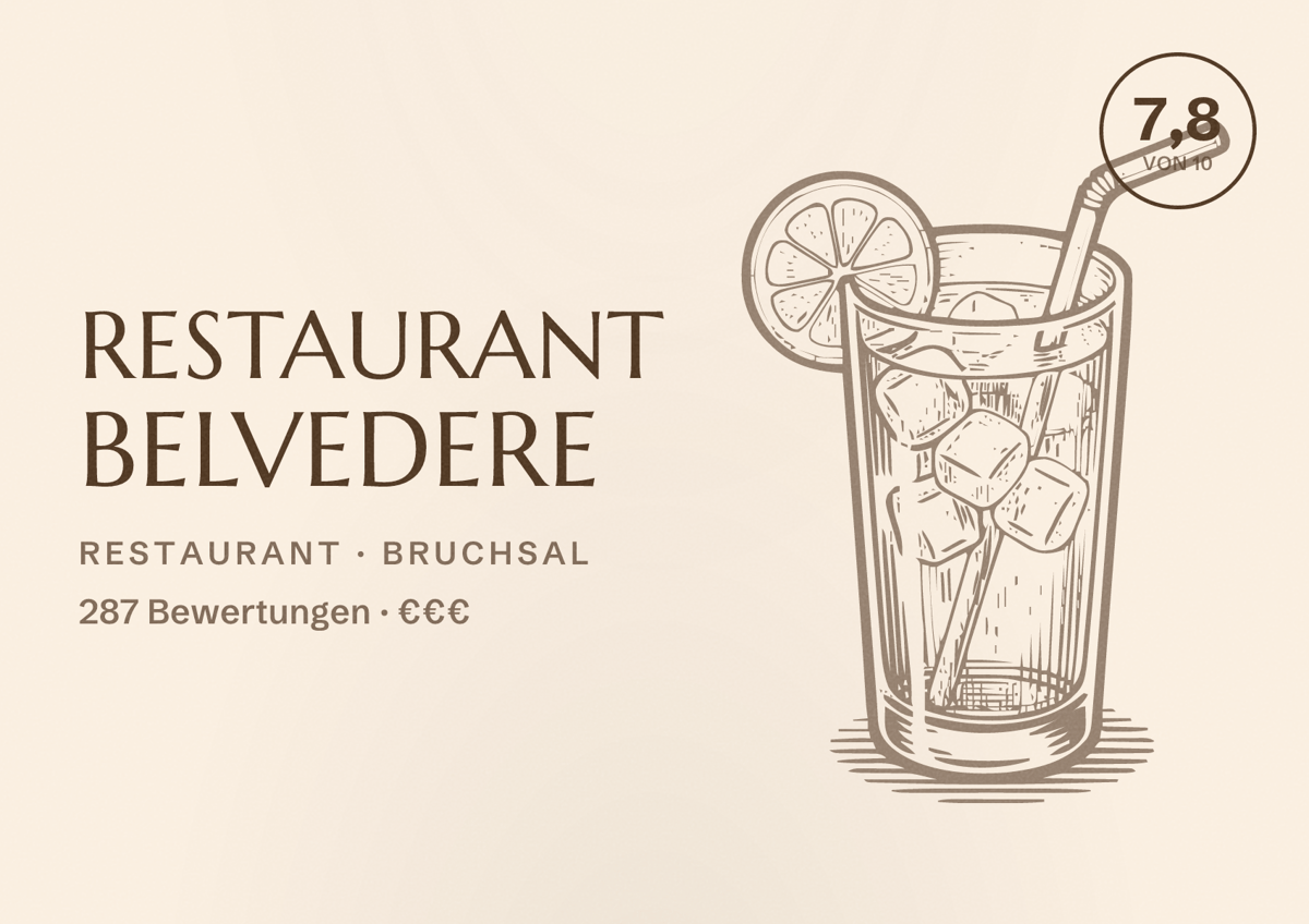 Illustriertes Poster von Restaurant Belvedere, Restaurant in Bruchsal: Bewertung 7,8 von 10 aus 287 Bewertungen, Preisniveau €€€