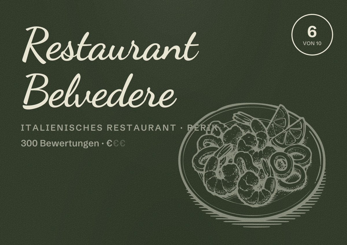 Illustriertes Poster von Restaurant Belvedere, Italienisches Restaurant in Rerik: Bewertung 6 von 10 aus 300 Bewertungen, Preisniveau €