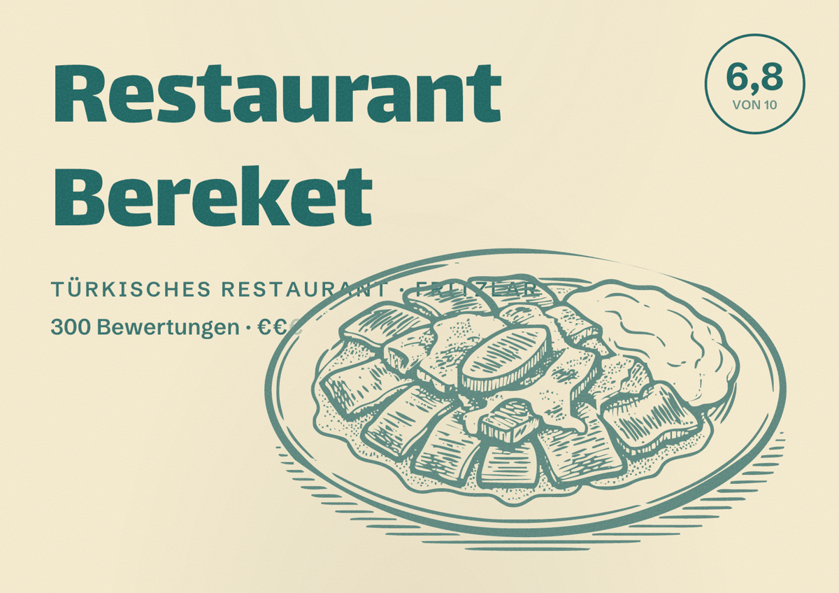 Illustriertes Poster von Restaurant Bereket, Türkisches Restaurant in Fritzlar: Bewertung 6,8 von 10 aus 300 Bewertungen, Preisniveau €€