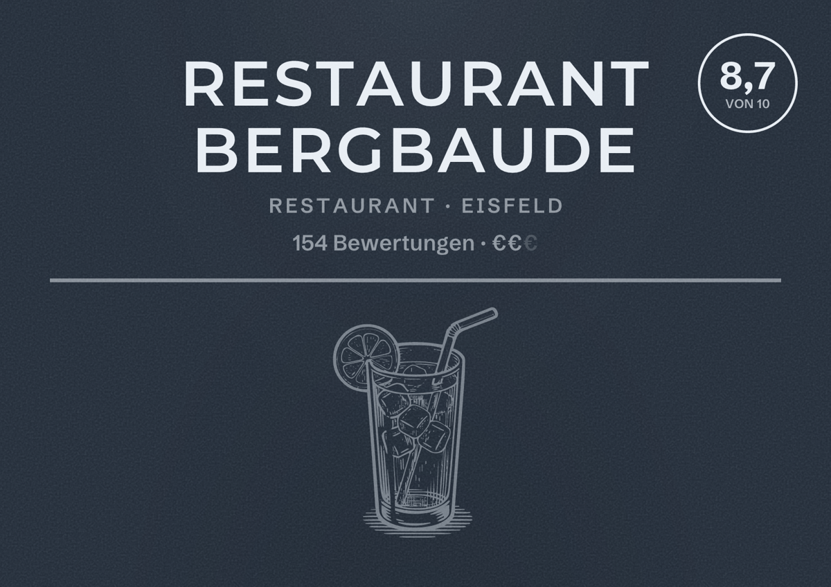Illustriertes Poster von Restaurant Bergbaude, Restaurant in Eisfeld: Bewertung 8,7 von 10 aus 154 Bewertungen, Preisniveau €€