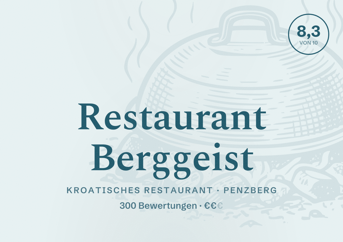 Illustriertes Poster von Restaurant Berggeist, Kroatisches Restaurant in Penzberg: Bewertung 8,3 von 10 aus 300 Bewertungen, Preisniveau €€