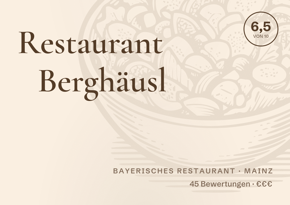 Illustriertes Poster von Restaurant Berghäusl, Bayerisches Restaurant in Mainz: Bewertung 6,5 von 10 aus 45 Bewertungen, Preisniveau €€€