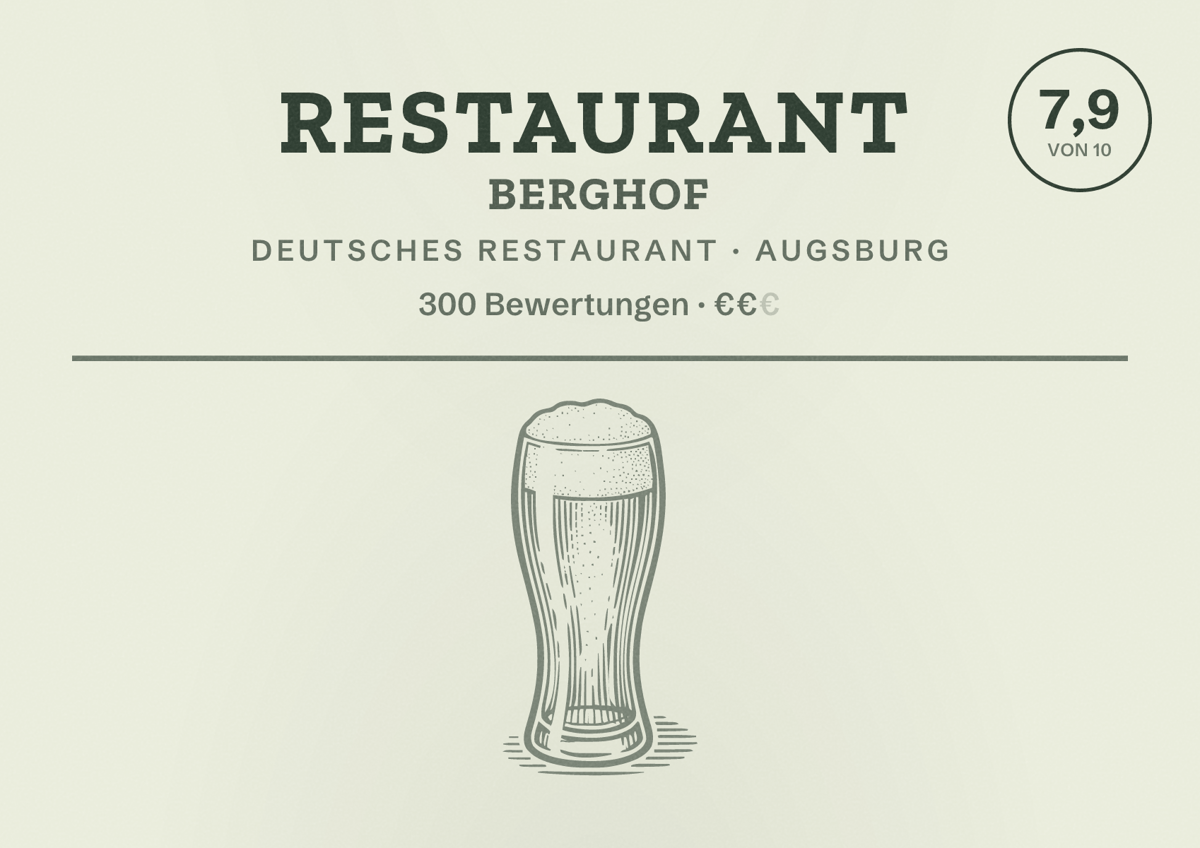 Illustriertes Poster von Restaurant Berghof, Deutsches Restaurant in Augsburg: Bewertung 7,9 von 10 aus 300 Bewertungen, Preisniveau €€