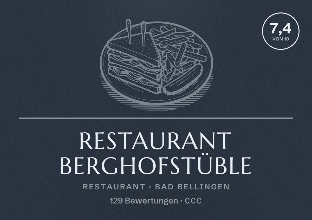 Illustriertes Poster von Restaurant Berghofstüble, Restaurant in Bad Bellingen: Bewertung 7,4 von 10 aus 129 Bewertungen, Preisniveau €€€