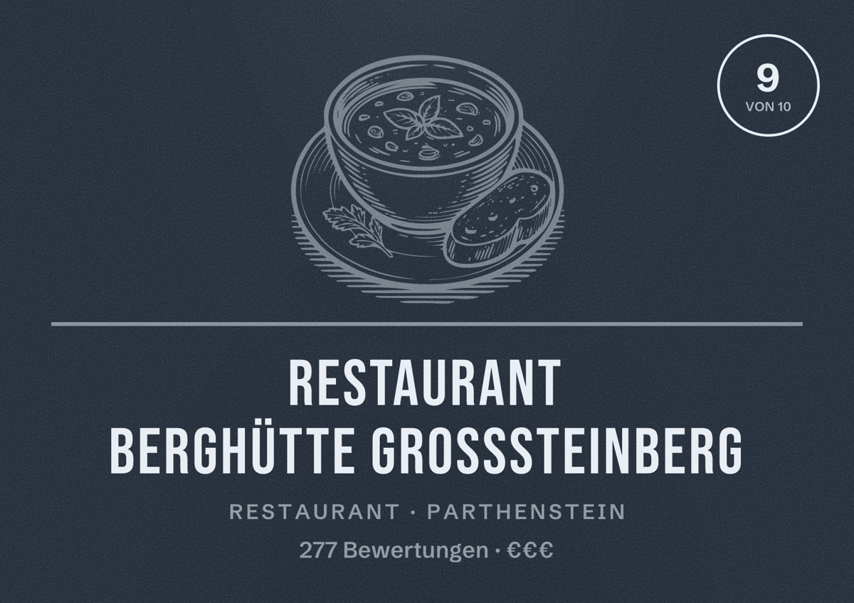Illustriertes Poster von Restaurant Berghütte Großsteinberg, Restaurant in Parthenstein: Bewertung 9 von 10 aus 277 Bewertungen, Preisniveau €€€