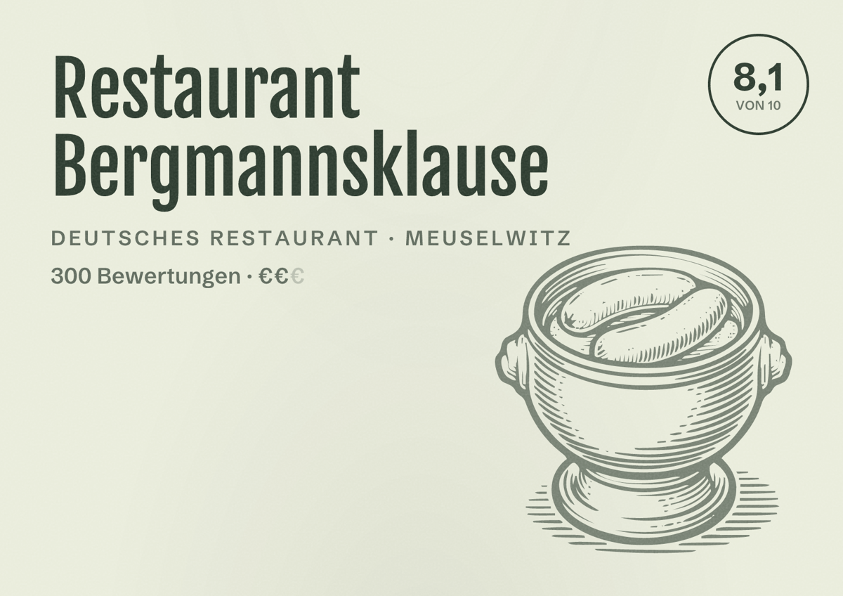 Illustriertes Poster von Restaurant Bergmannsklause, Deutsches Restaurant in Meuselwitz: Bewertung 8,1 von 10 aus 300 Bewertungen, Preisniveau €€