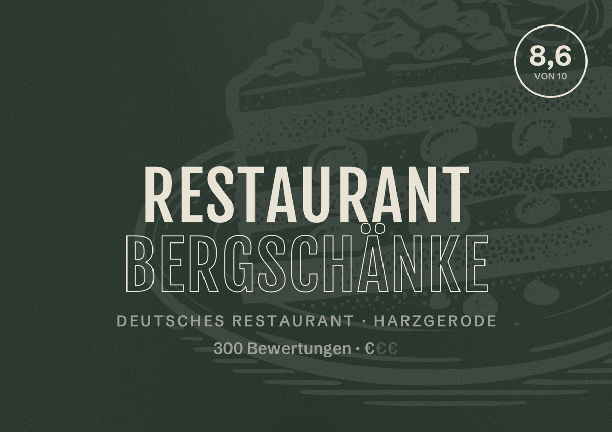 Illustriertes Poster von Restaurant Bergschänke, Deutsches Restaurant in Harzgerode: Bewertung 8,6 von 10 aus 300 Bewertungen, Preisniveau €