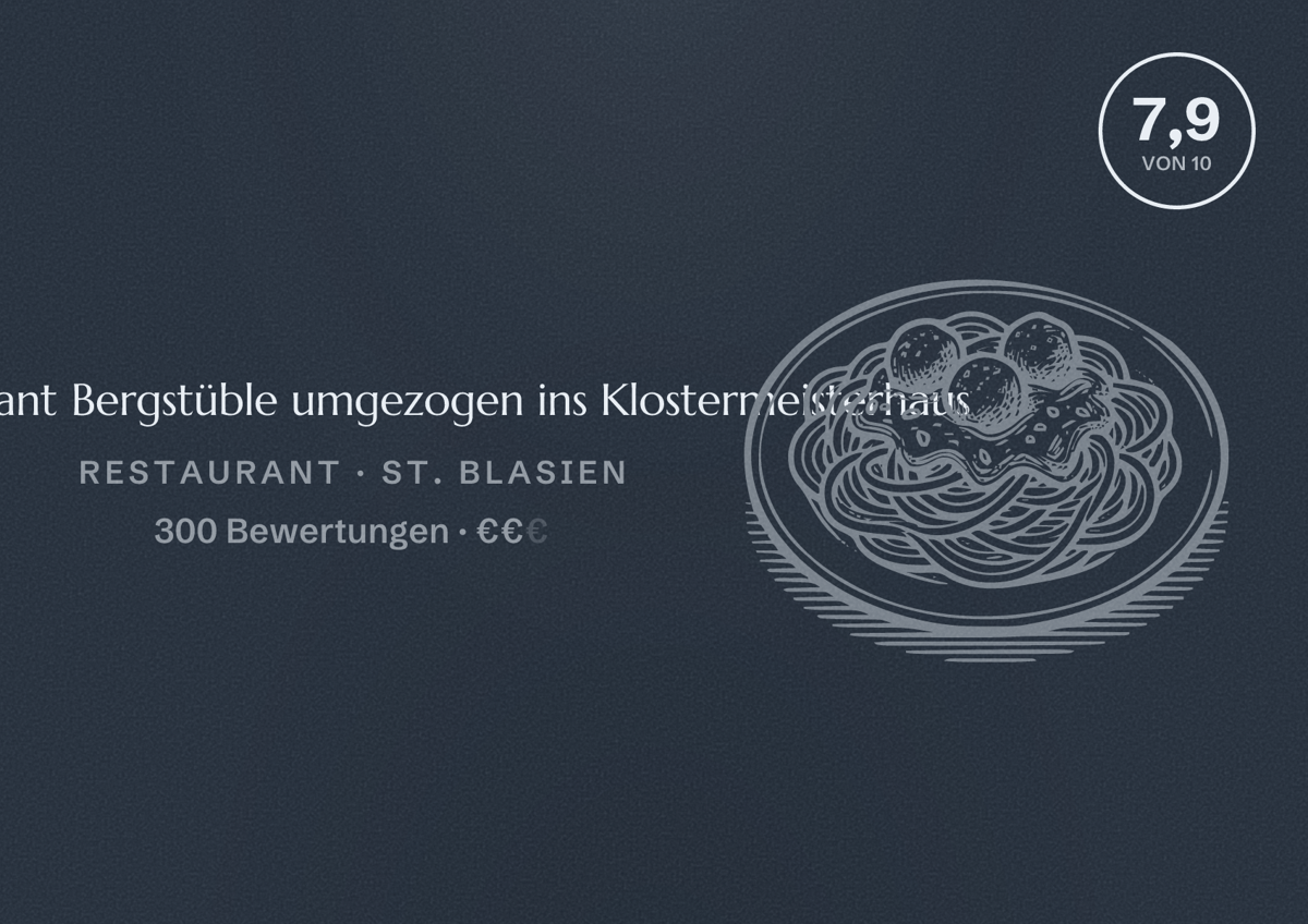 Illustriertes Poster von Restaurant Bergstüble umgezogen ins Klostermeisterhaus, Restaurant in St. Blasien: Bewertung 7,9 von 10 aus 300 Bewertungen, Preisniveau €€
