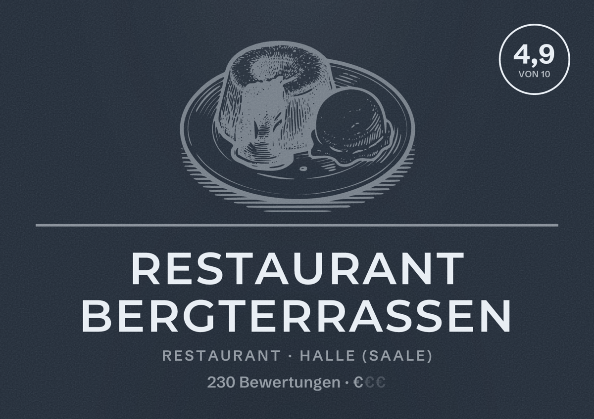 Illustriertes Poster von Restaurant Bergterrassen, Restaurant in Halle (Saale): Bewertung 4,9 von 10 aus 230 Bewertungen, Preisniveau €