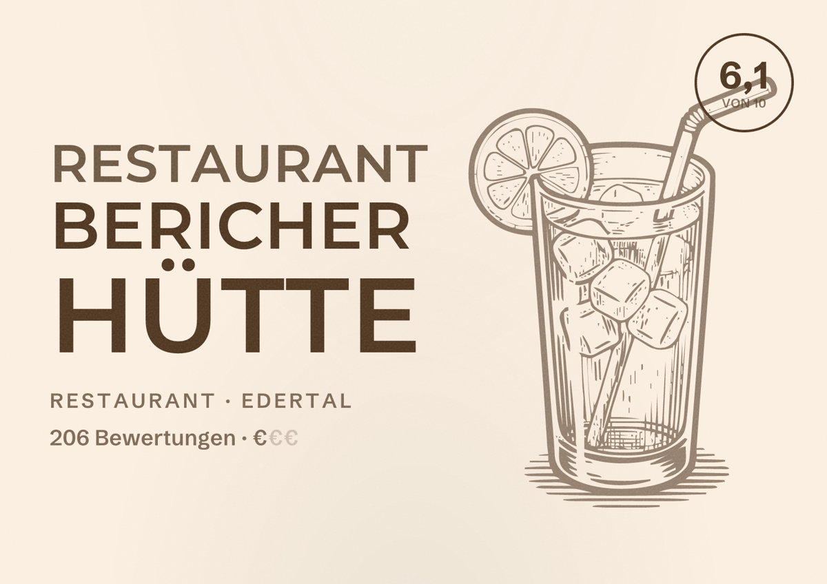 Illustriertes Poster von Restaurant Bericher Hütte, Restaurant in Edertal: Bewertung 6,1 von 10 aus 206 Bewertungen, Preisniveau €