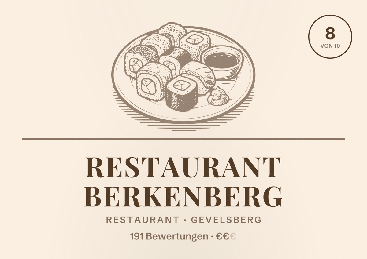 Illustriertes Poster von Restaurant Berkenberg, Restaurant in Gevelsberg: Bewertung 8 von 10 aus 191 Bewertungen, Preisniveau €€