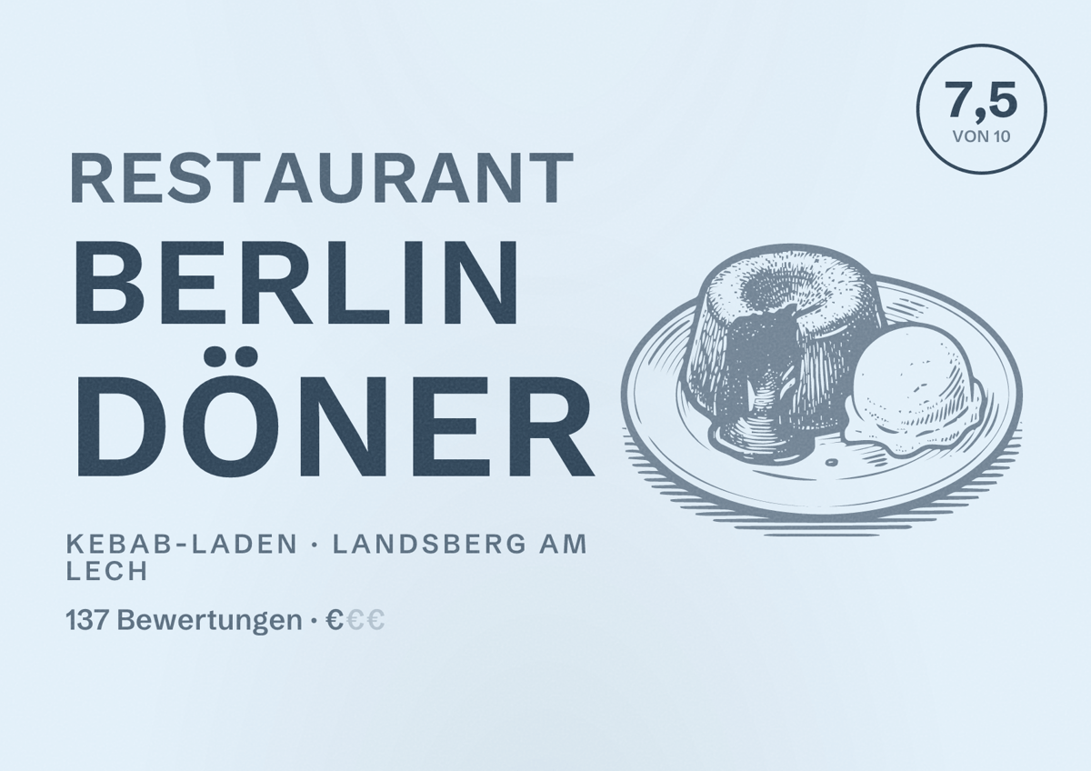 Illustriertes Poster von Restaurant Berlin Döner, Kebab-Laden in Landsberg am Lech: Bewertung 7,5 von 10 aus 137 Bewertungen, Preisniveau €