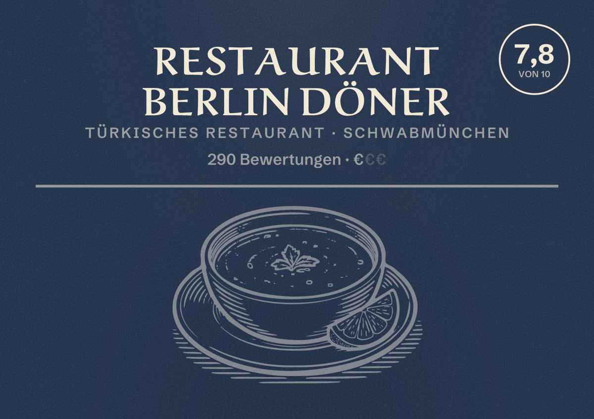 Illustriertes Poster von Restaurant Berlin Döner, Türkisches Restaurant in Schwabmünchen: Bewertung 7,8 von 10 aus 290 Bewertungen, Preisniveau €