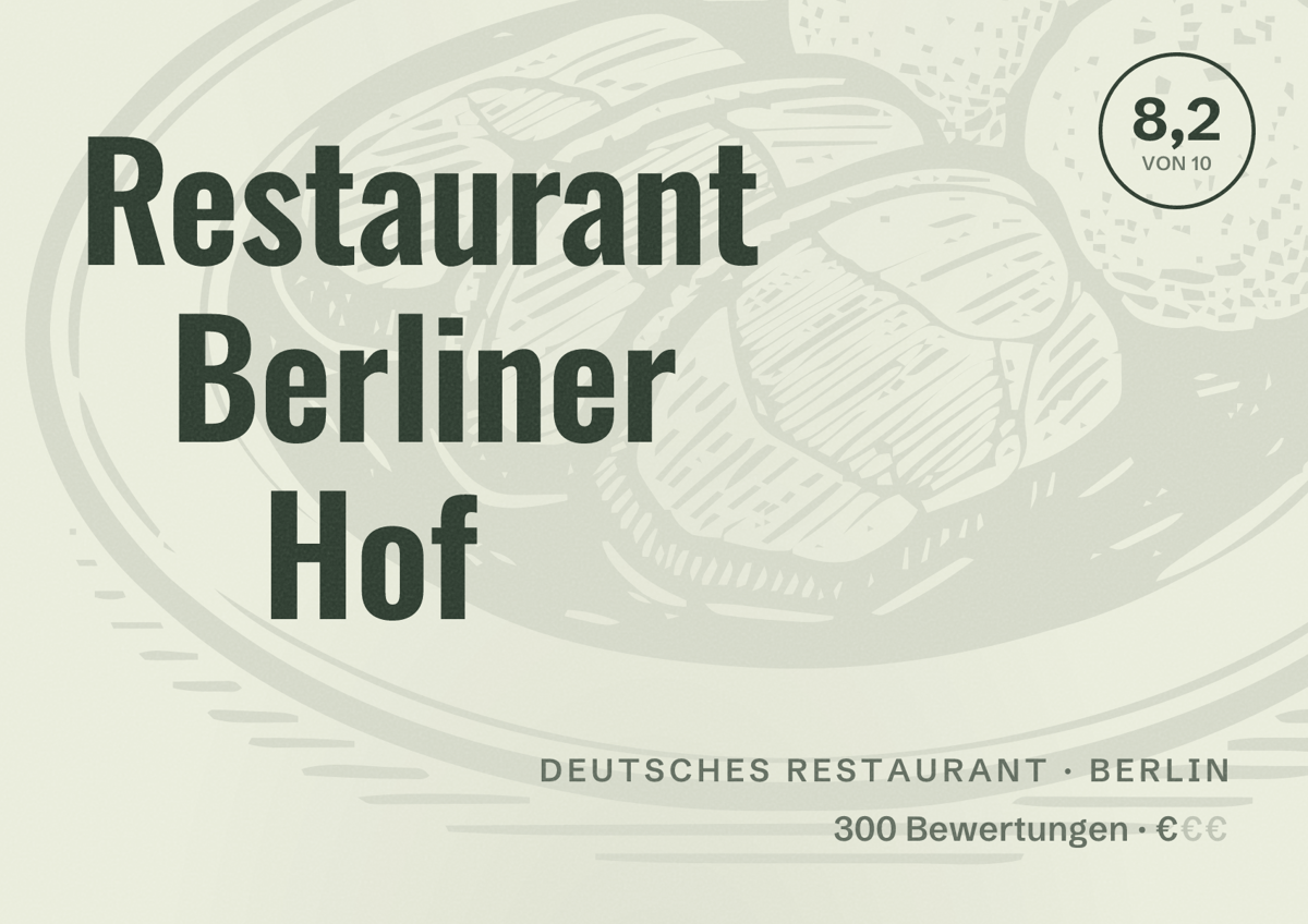 Illustriertes Poster von Restaurant Berliner Hof, Deutsches Restaurant in Berlin: Bewertung 8,2 von 10 aus 300 Bewertungen, Preisniveau €