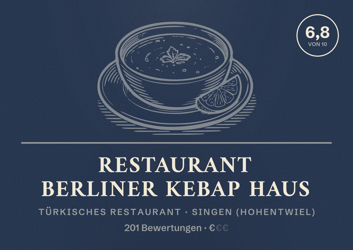 Illustriertes Poster von Restaurant Berliner Kebap Haus, Türkisches Restaurant in Singen (Hohentwiel): Bewertung 6,8 von 10 aus 201 Bewertungen, Preisniveau €