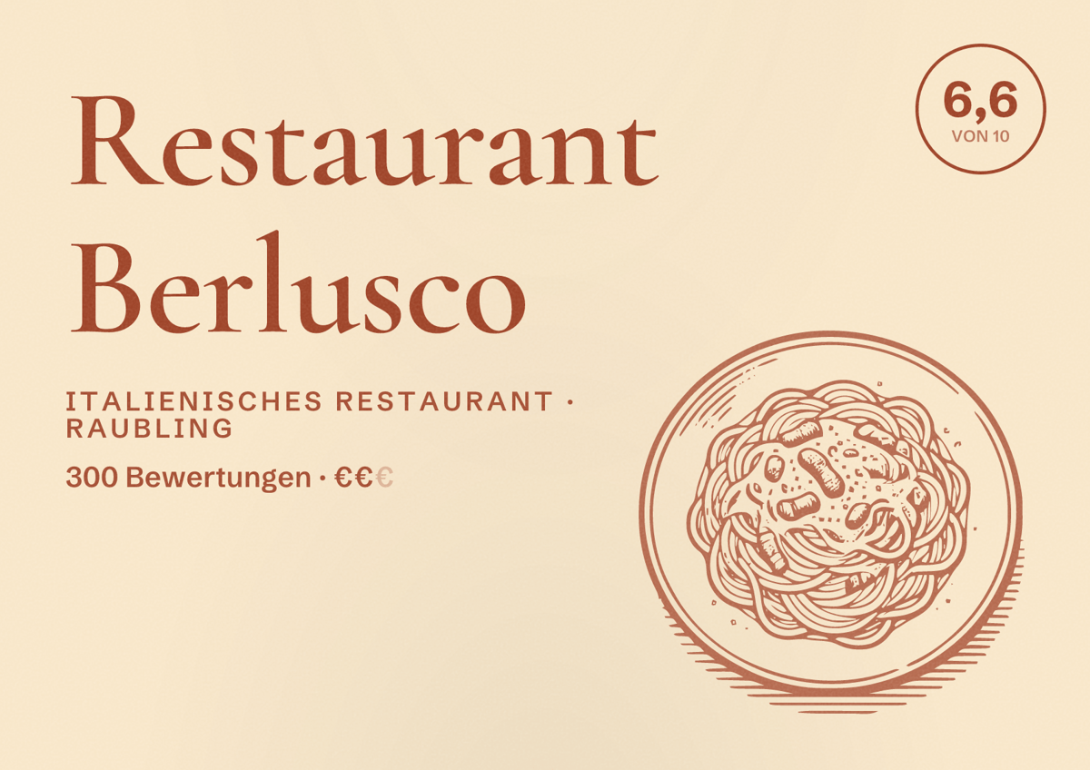 Illustriertes Poster von Restaurant Berlusco, Italienisches Restaurant in Raubling: Bewertung 6,6 von 10 aus 300 Bewertungen, Preisniveau €€