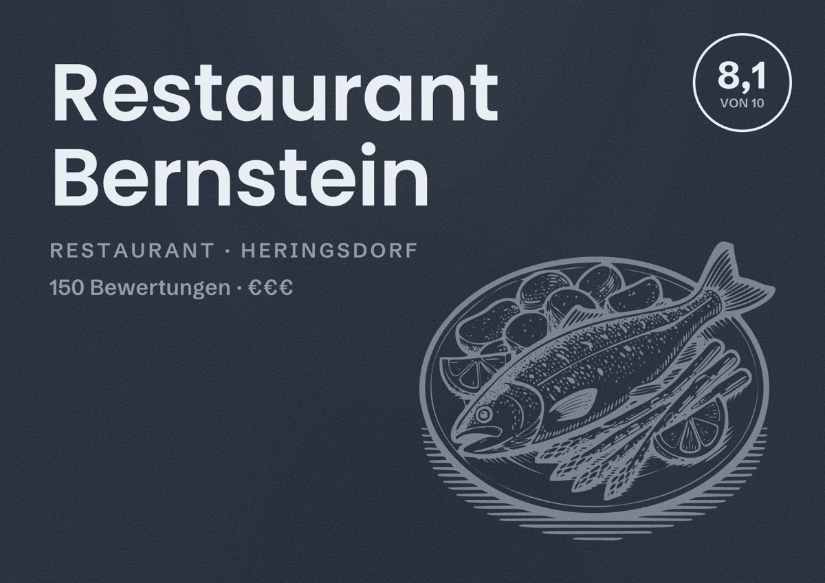 Illustriertes Poster von Restaurant Bernstein, Restaurant in Heringsdorf: Bewertung 8,1 von 10 aus 150 Bewertungen, Preisniveau €€€
