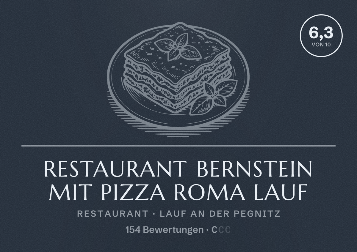 Illustriertes Poster von Restaurant Bernstein mit Pizza Roma Lauf, Restaurant in Lauf an der Pegnitz: Bewertung 6,3 von 10 aus 154 Bewertungen, Preisniveau €