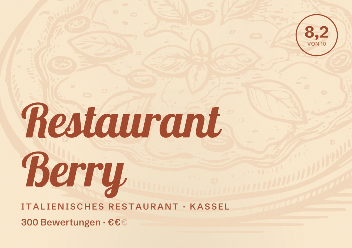 Illustriertes Poster von Restaurant Berry, Italienisches Restaurant in Kassel: Bewertung 8,2 von 10 aus 300 Bewertungen, Preisniveau €€
