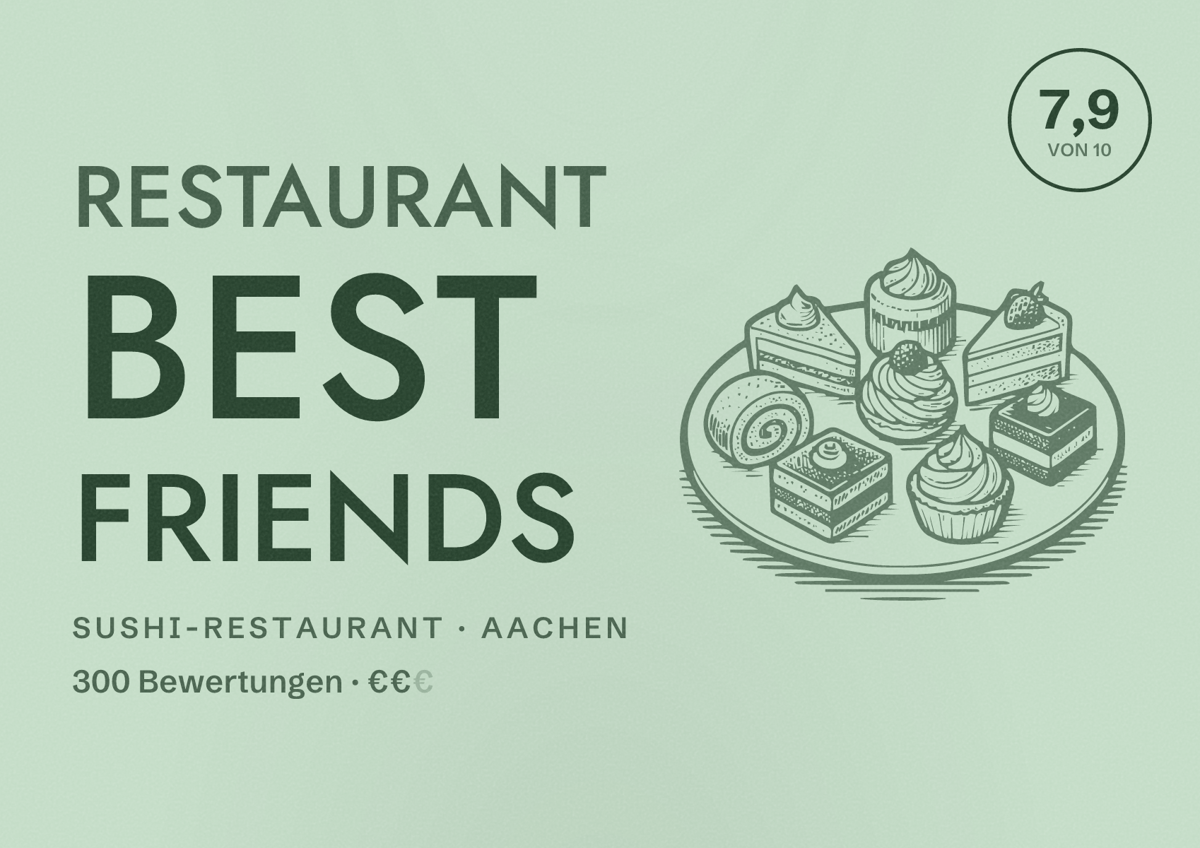 Illustriertes Poster von Restaurant Best Friends, Sushi-Restaurant in Aachen: Bewertung 7,9 von 10 aus 300 Bewertungen, Preisniveau €€