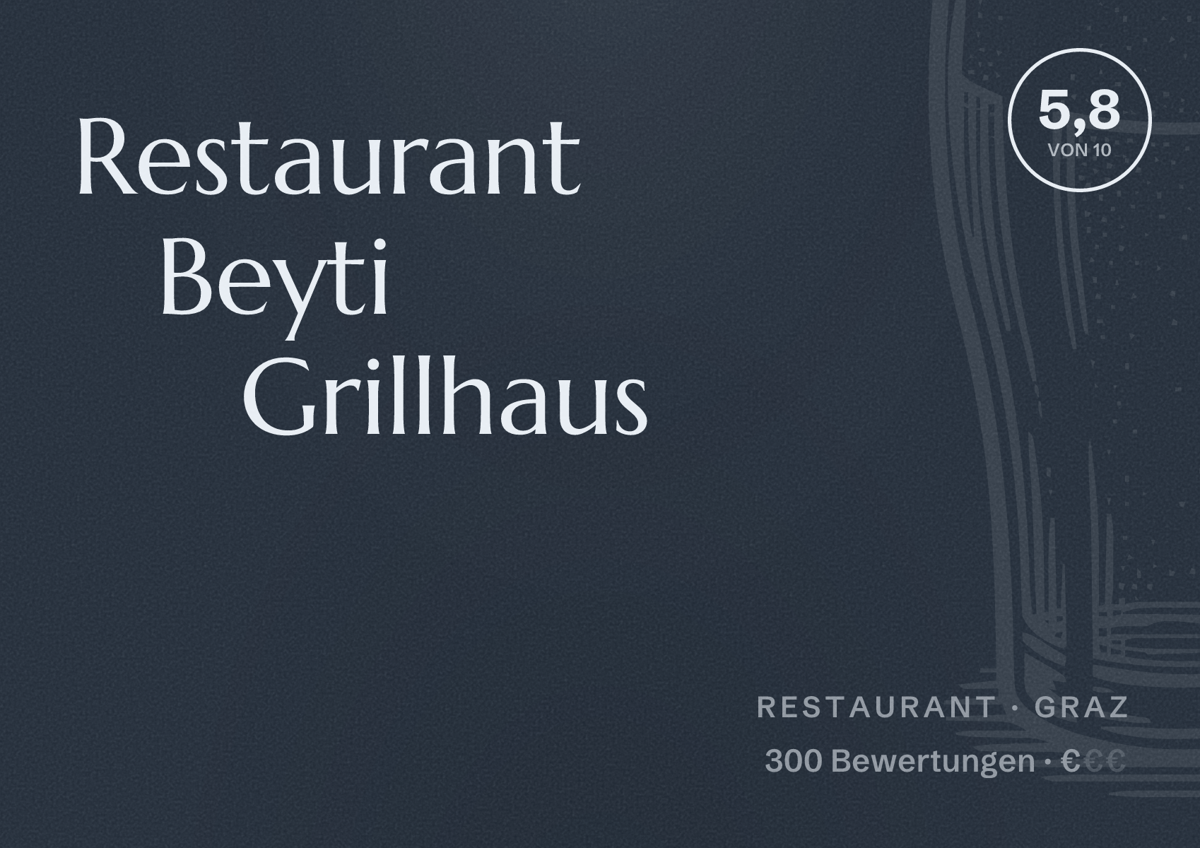 Illustriertes Poster von Restaurant Beyti Grillhaus, Restaurant in Graz: Bewertung 5,8 von 10 aus 300 Bewertungen, Preisniveau €