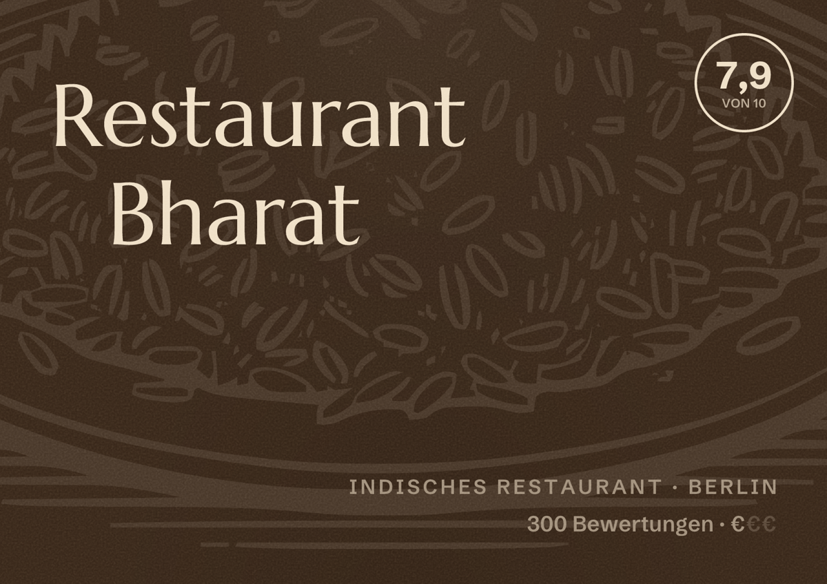 Illustriertes Poster von Restaurant Bharat, Indisches Restaurant in Berlin: Bewertung 7,9 von 10 aus 300 Bewertungen, Preisniveau €