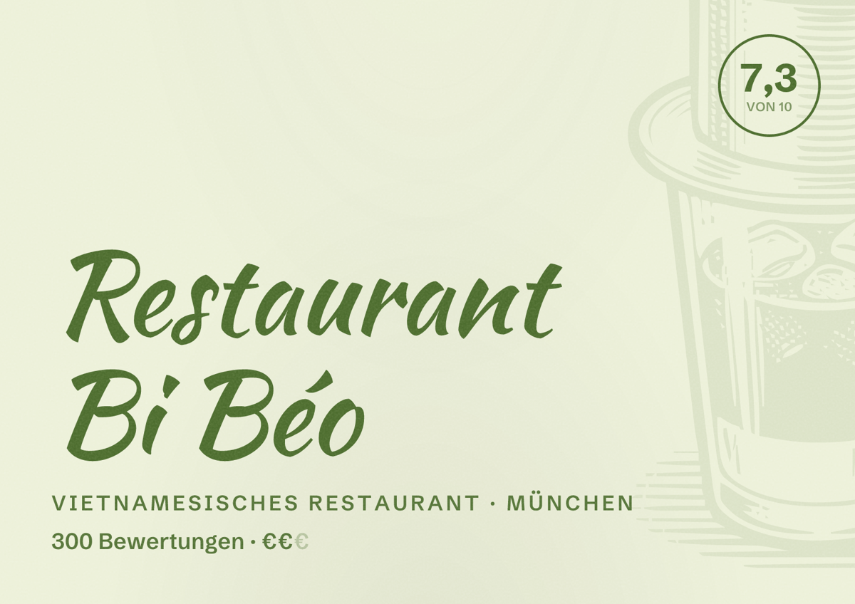 Illustriertes Poster von Restaurant Bi Béo, Vietnamesisches Restaurant in München: Bewertung 7,3 von 10 aus 300 Bewertungen, Preisniveau €€