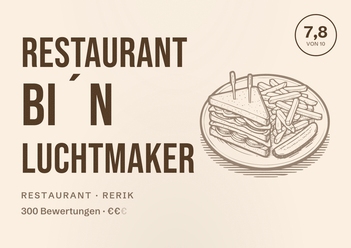 Illustriertes Poster von Restaurant Bi´n Luchtmaker, Restaurant in Rerik: Bewertung 7,8 von 10 aus 300 Bewertungen, Preisniveau €€