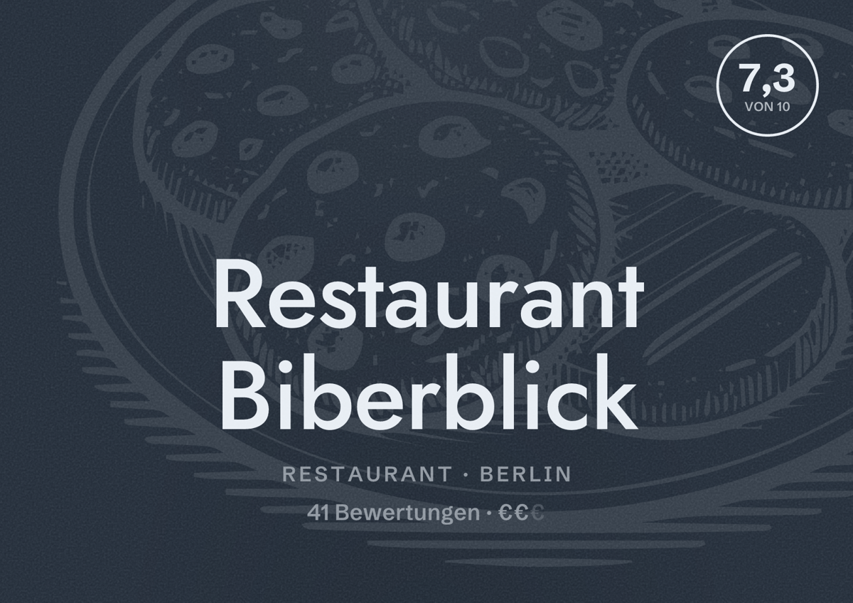 Illustriertes Poster von Restaurant Biberblick, Restaurant in Berlin: Bewertung 7,3 von 10 aus 41 Bewertungen, Preisniveau €€