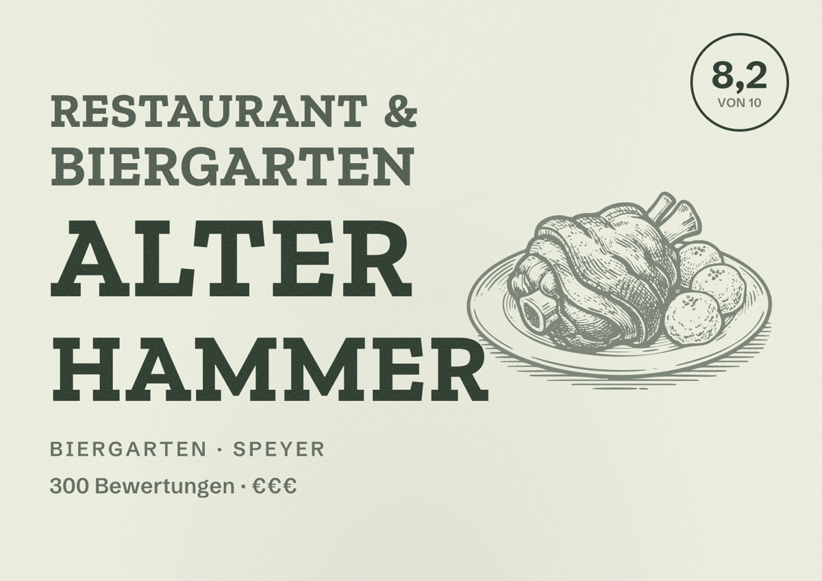 Illustriertes Poster von Restaurant & Biergarten Alter Hammer, Biergarten in Speyer: Bewertung 8,2 von 10 aus 300 Bewertungen, Preisniveau €€€