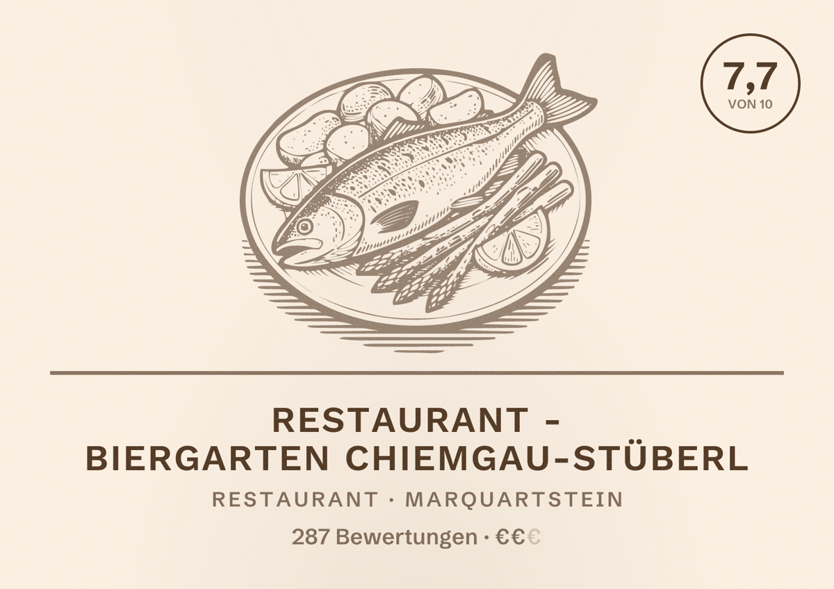 Illustriertes Poster von Restaurant - Biergarten Chiemgau-Stüberl, Restaurant in Marquartstein: Bewertung 7,7 von 10 aus 287 Bewertungen, Preisniveau €€