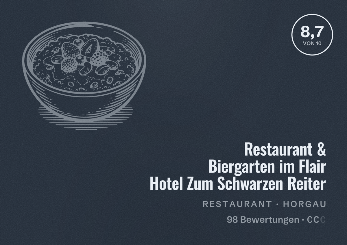 Illustriertes Poster von Restaurant & Biergarten im Flair Hotel Zum Schwarzen Reiter, Restaurant in Horgau: Bewertung 8,7 von 10 aus 98 Bewertungen, Preisniveau €€