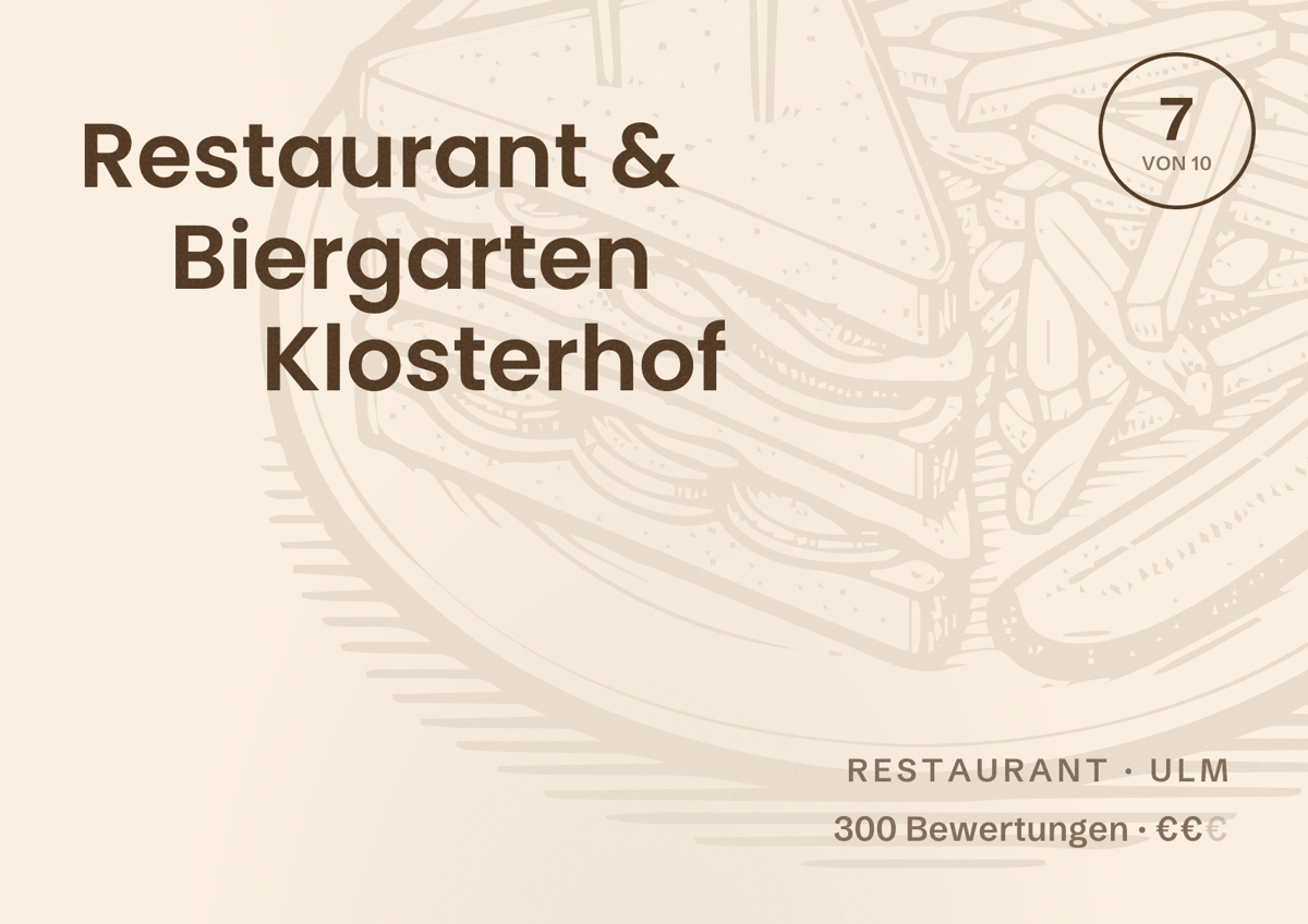 Illustriertes Poster von Restaurant & Biergarten Klosterhof, Restaurant in Ulm: Bewertung 7 von 10 aus 300 Bewertungen, Preisniveau €€