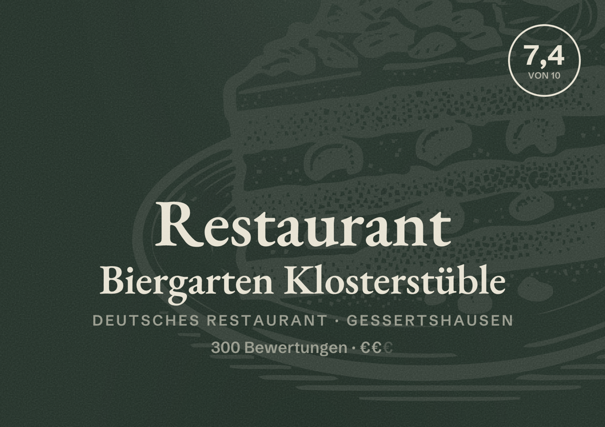 Illustriertes Poster von Restaurant Biergarten Klosterstüble, Deutsches Restaurant in Gessertshausen: Bewertung 7,4 von 10 aus 300 Bewertungen, Preisniveau €€