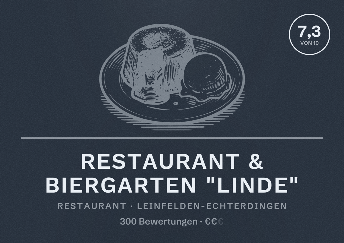 Illustriertes Poster von Restaurant & Biergarten "Linde", Restaurant in Leinfelden-Echterdingen: Bewertung 7,3 von 10 aus 300 Bewertungen, Preisniveau €€