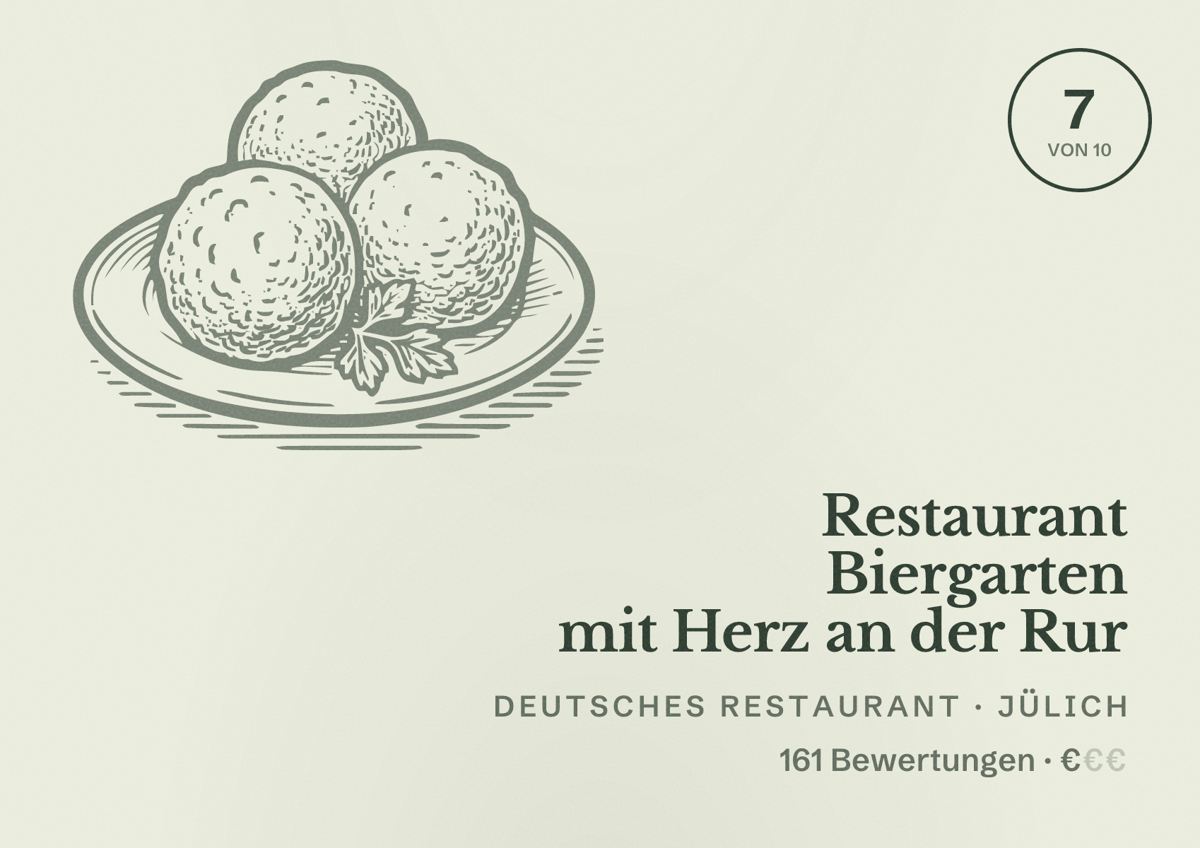Illustriertes Poster von Restaurant Biergarten mit Herz an der Rur, Deutsches Restaurant in Jülich: Bewertung 7 von 10 aus 161 Bewertungen, Preisniveau €