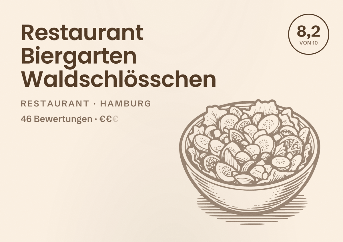 Illustriertes Poster von Restaurant Biergarten Waldschlösschen, Restaurant in Hamburg: Bewertung 8,2 von 10 aus 46 Bewertungen, Preisniveau €€