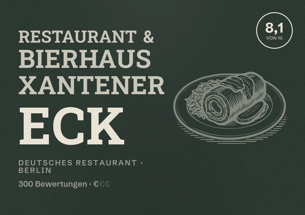 Illustriertes Poster von Restaurant & Bierhaus Xantener Eck, Deutsches Restaurant in Berlin: Bewertung 8,1 von 10 aus 300 Bewertungen, Preisniveau €