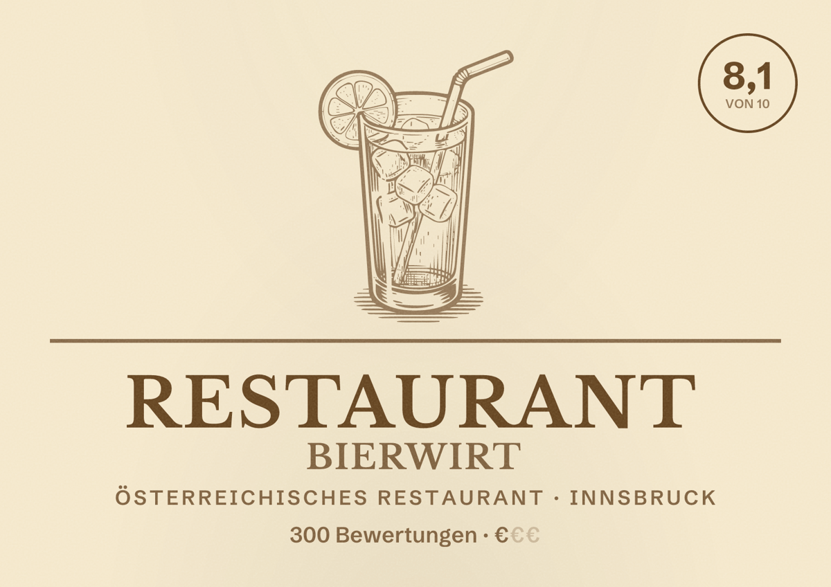 Illustriertes Poster von Restaurant Bierwirt, Österreichisches Restaurant in Innsbruck: Bewertung 8,1 von 10 aus 300 Bewertungen, Preisniveau €