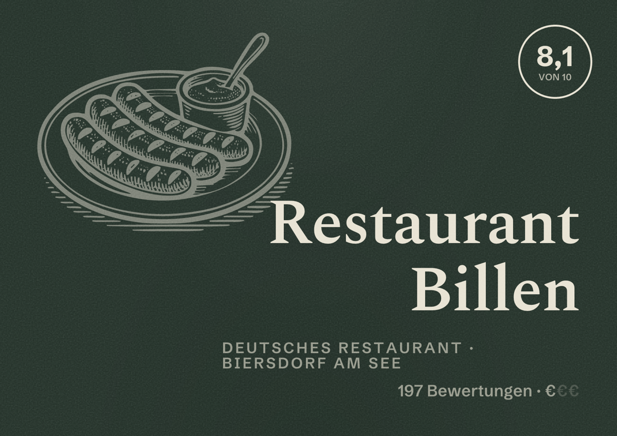 Illustriertes Poster von Restaurant Billen, Deutsches Restaurant in Biersdorf am See: Bewertung 8,1 von 10 aus 197 Bewertungen, Preisniveau €